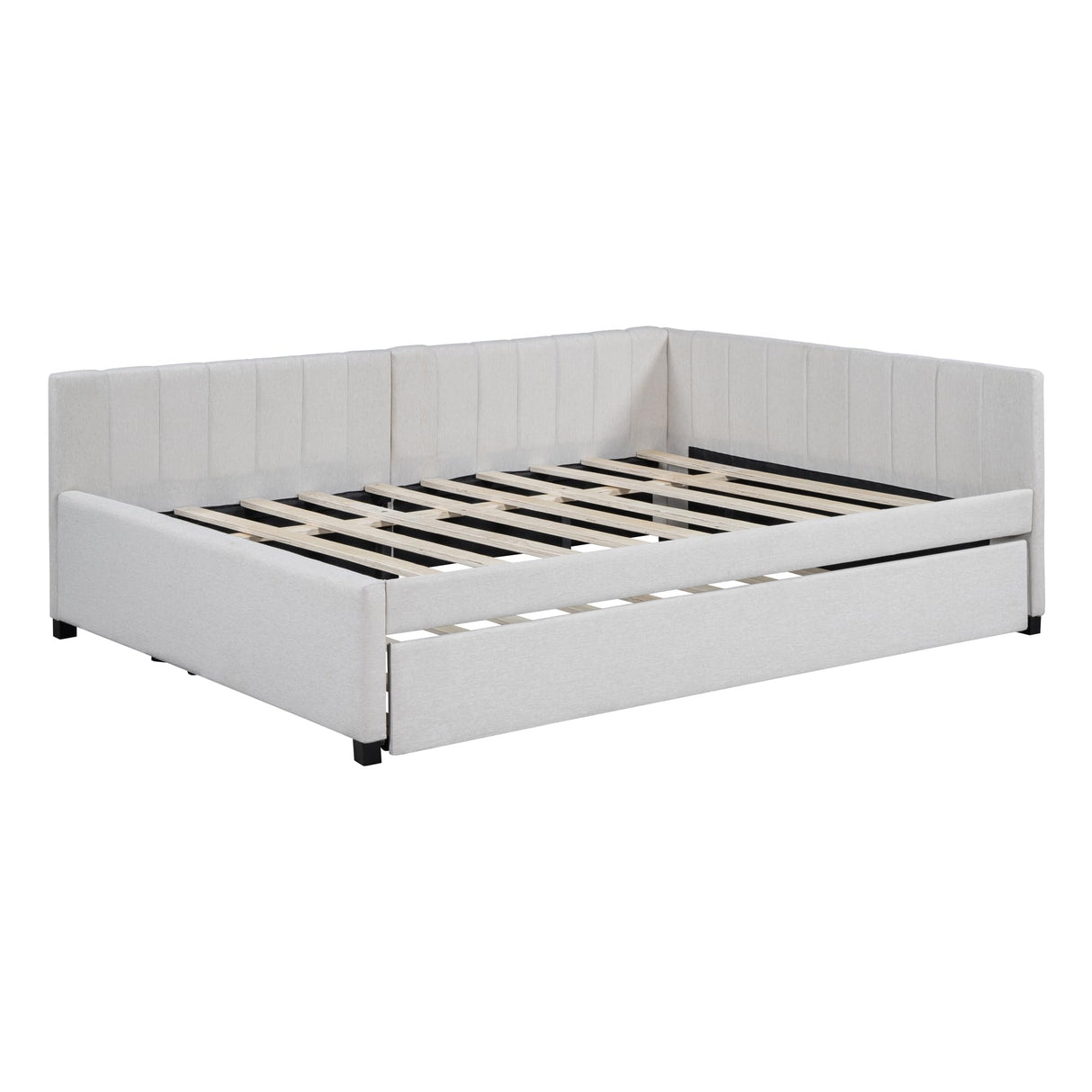 PVWIIK Full Size Daybed with Trundle for Bedroom,Guest Room,Solid Wood Bed Frame w/Wood Slat Support,Upholstered Backrest for Adults/Kid,No Box Spring Needed, Beige PVWIIK