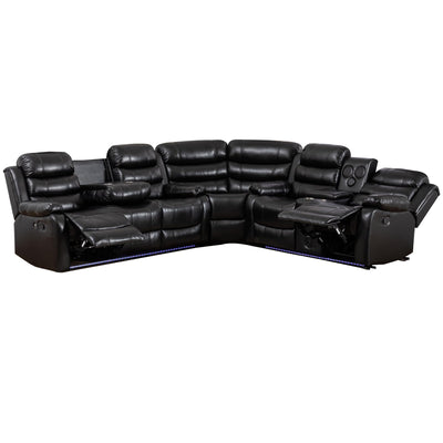 INSTORY 6-Seater Reclining Sofa Set, Faux Leather Living Room Set, Bluetooth Speakers, LED Lights, Drop Down Table, Cup Holders, USB Outlet, Storage Box (Black)