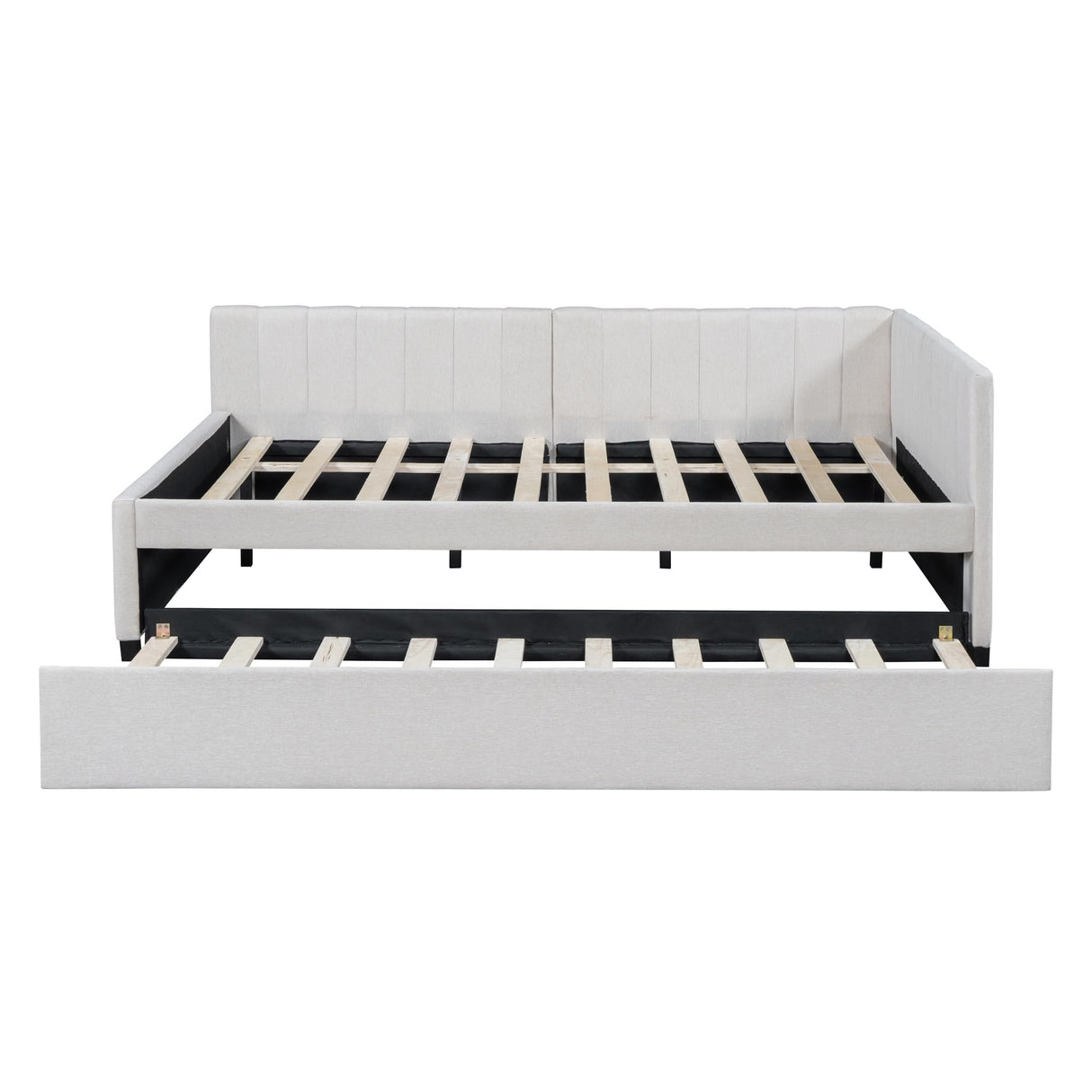 Modern Full Size Daybed with Trundle for Teens Kids, Linen Upholstered L-Shaped Platform Bed Frame Full with Headboard, Full Corner Bed for Living Room, Full with Trundle, Beige Merax