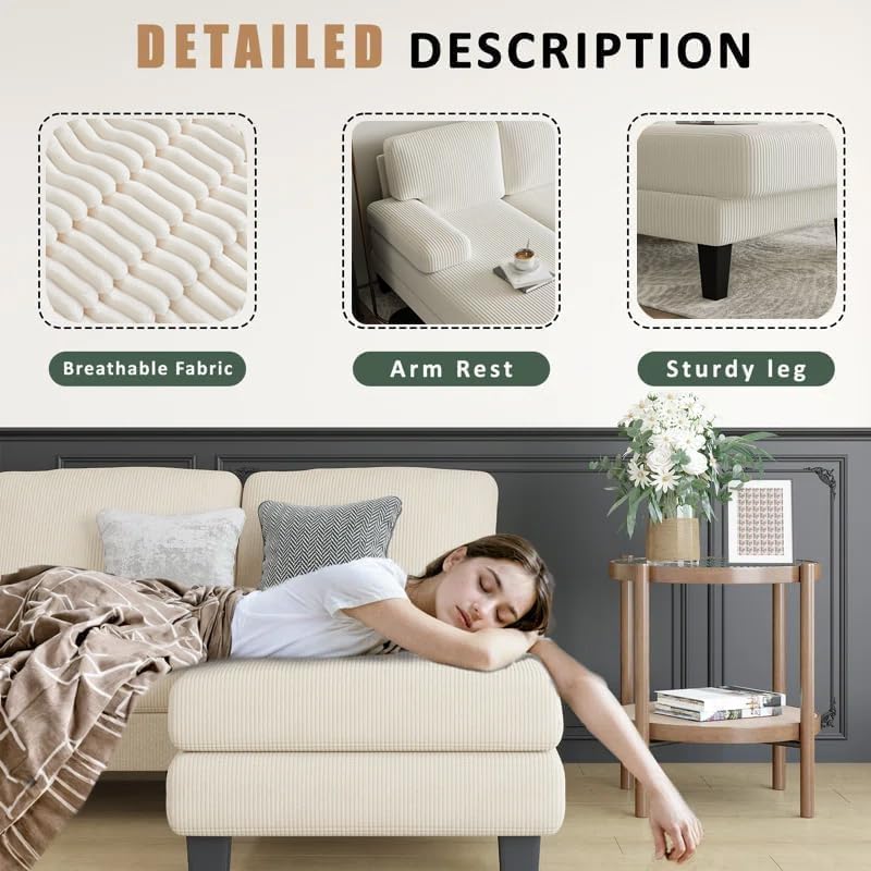 112'' Corduroy U Shaped Couch with Sleeper Lounge Chaise, 4 Seat Modern Comfy Sectional Sofa Couches for Living Room Spacious Space Apartment Office (112‘’ Corduroy White) ASAHREE