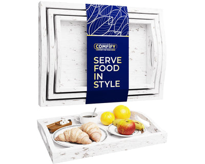 Serving Trays Set of 3 - Ottoman Wood Trays for Entertainment, Food and Décor - Rustic Farmhouse Distressed Wood Finish - Solid White