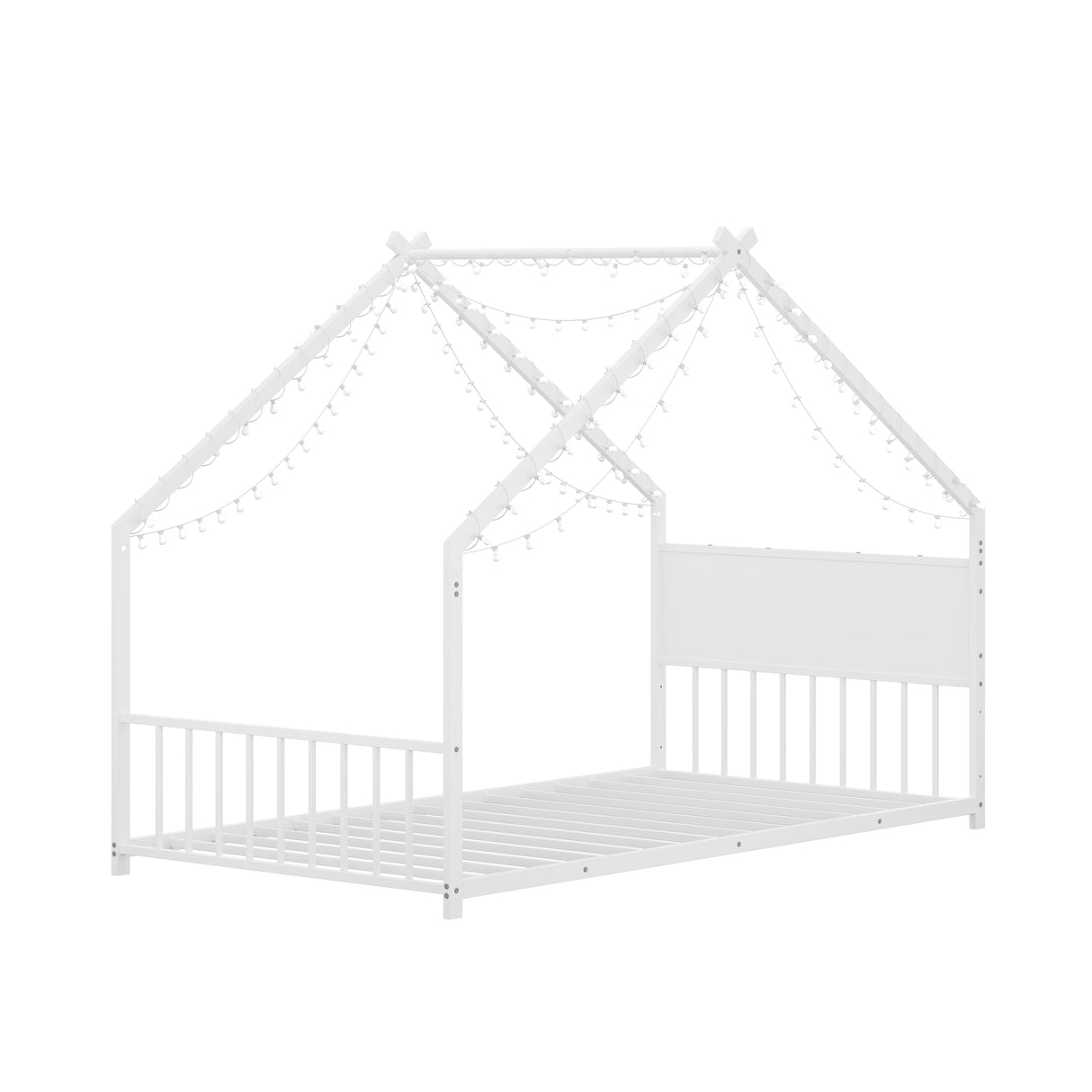 Twin Size Montessori Floor Bed with RGB LED Light, Twin Size House Floor Bed with High Headboard and Footboard, Twin Floor Bed with Slats, Twin Floor Bed for Kids(Twin White) Bellemave