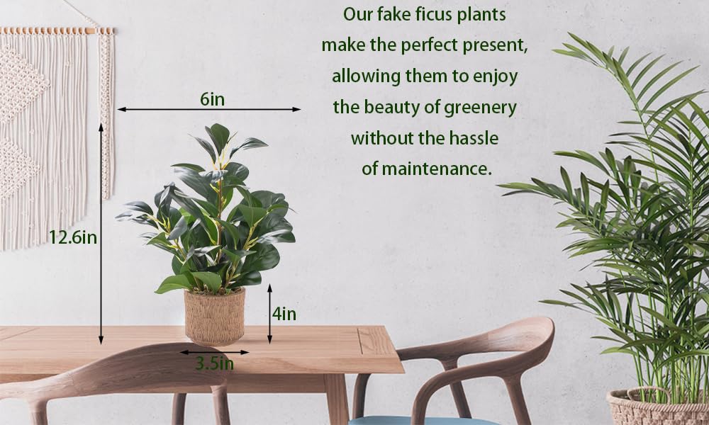 12.6" Fake Plants in Brown Ceramic Vase Real Looking and Touching Evergreen Ficus Leaf Faux Plant Indoor for Book Shelf Bathroom Office Desk Kitchen Counter Bedroom Small Space Artificial Plant Decor Ewtogift