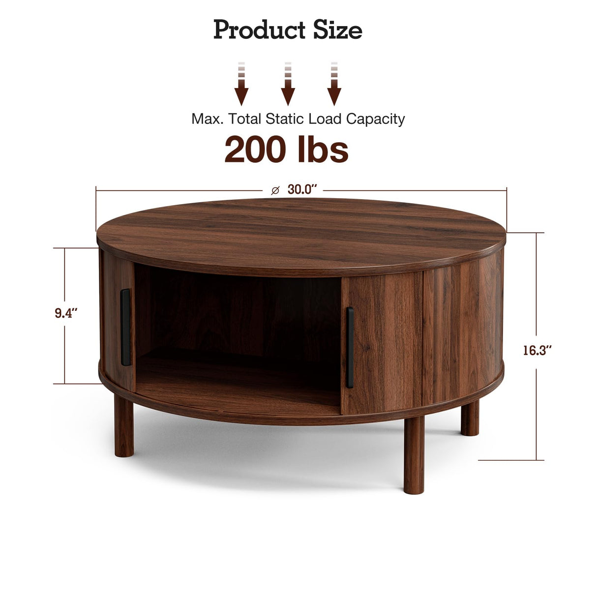 ZttRiee Coffee Table for Living Room, Modern Round Coffee Table with Cabinets & Sliding Doors, Home Small Space, 29.9" Fluted Center Table, Walnut ZttRiee