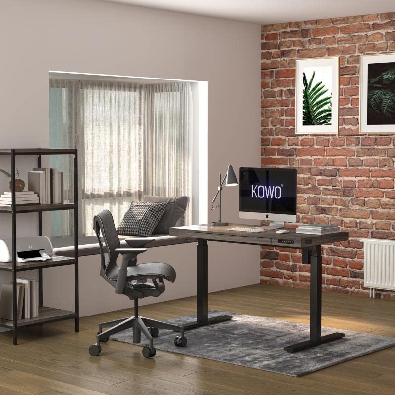 kowo Electric Height Adjustable Standing Desk with Drawer, 55" Home Office Wooden Computer Desk Ergonomic Memory Control Workstation Sit Stand Desk, Grey Oak/Black kowo