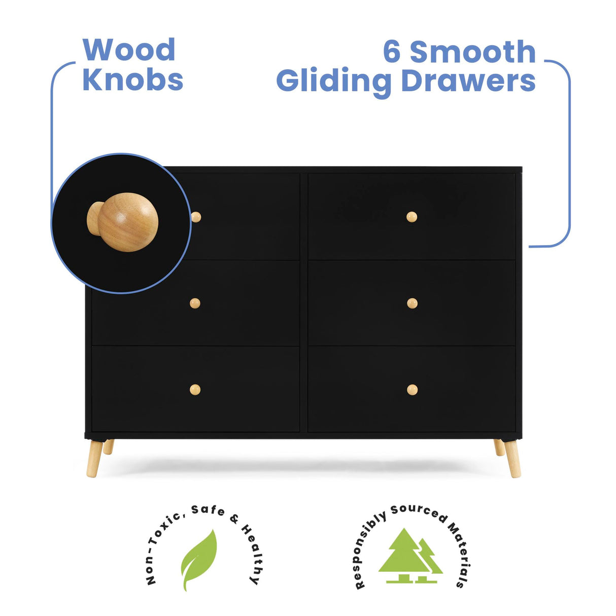 Delta Children Essex 6 Drawer Dresser, Black/Natural Delta Children