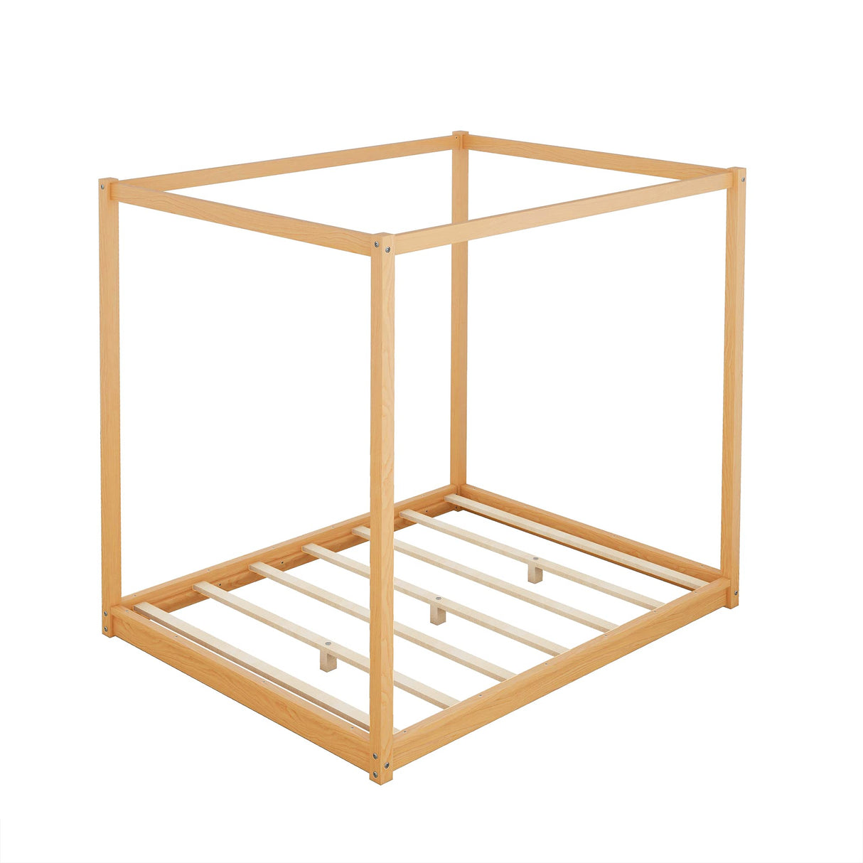 Bellemave Queen Size 4-Poster Canopy Floor Bed Frame, Wood Low Profile Platform Beds with Wooden Slats Support, No Box Spring Needed, Natural Bellemave