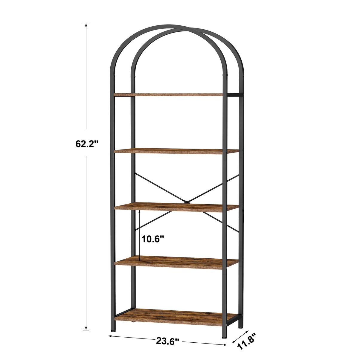 Homhedy 5-Tier Bookshelf Arched Display Racks, Wood and Metal Bookcase, Tall Bookshelf, Industrial Display Standing Shelf Unit, for Home Office, Living Room, Bedroom, Bathroom, Rustic Brown Homhedy