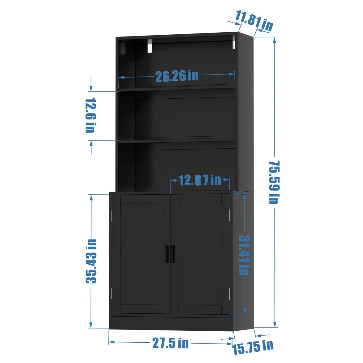 holzart 75" Tall Bookcase with Doors, 5 Tier Large Bookshelf with Cabinet, Standing Wood Display Book Shelf for Living Room, Office, Library with Doors, Black holzart