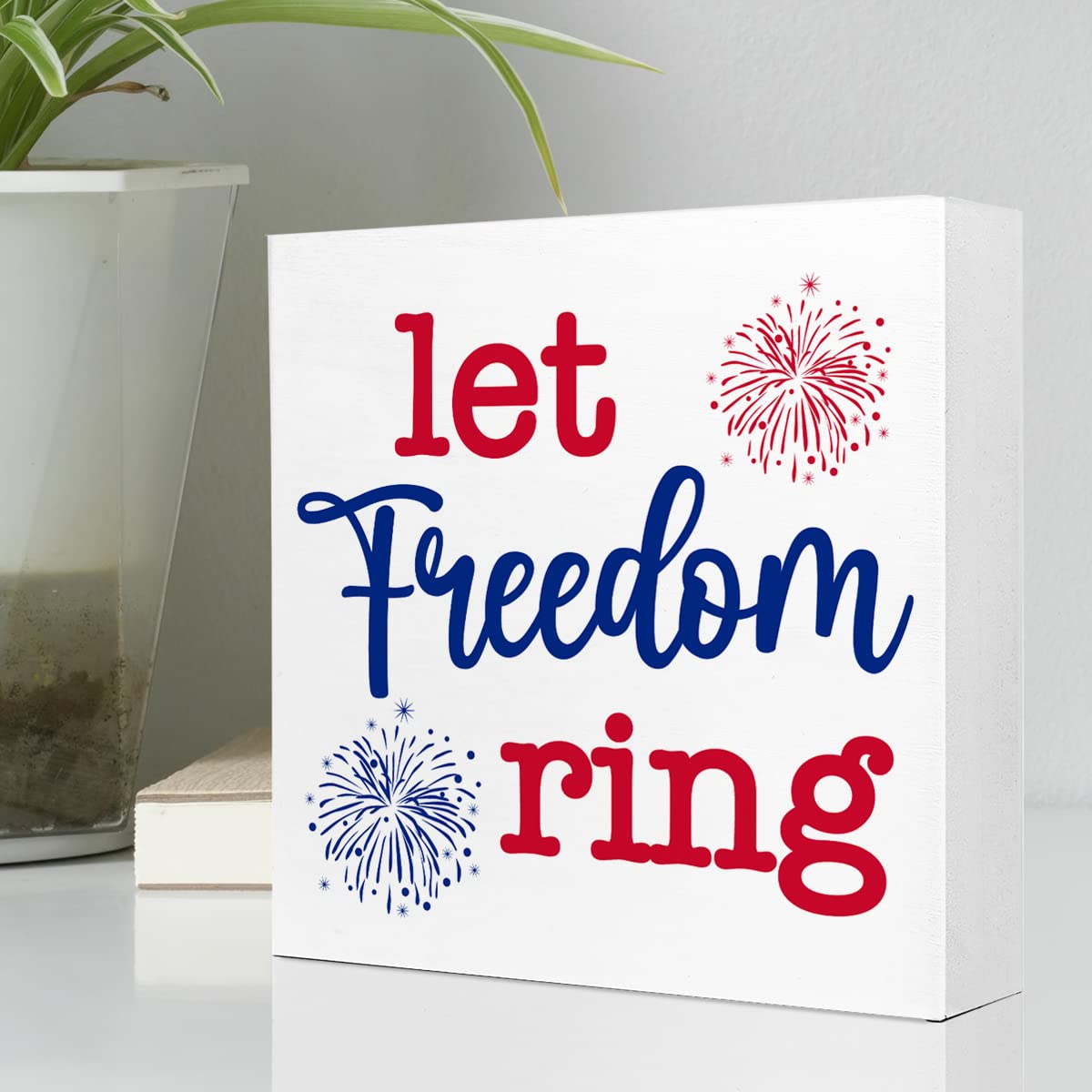 Let Freedom Ring Firework Independence Day Patriotic Wooden Plaque Sign Desk Decor,Retro 4th of July Wood Block Sign Desk Decorations for Home Bedroom Living Room Office Shelf Table Decor Ruvoty