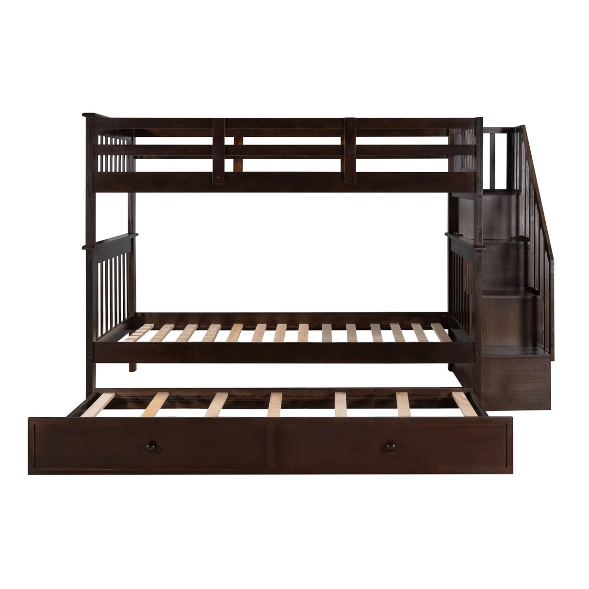 Merax Twin-Over-Twin Bunk Bed with Twin Size Trundle, Soild Wood Stairway Bunk Bed with Storage and Guard Rail for Teens, Adults, Espresso Merax