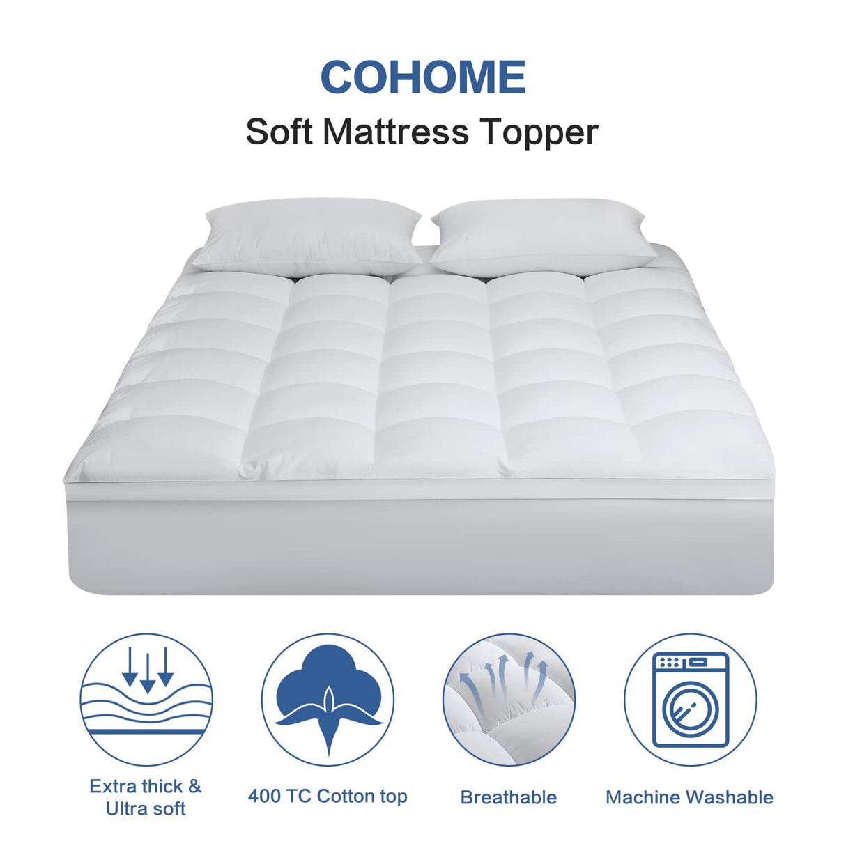 COHOME Queen Size Mattress Topper Extra Thick Cooling Mattress Pad 400TC Cotton Top Plush Down Alternative Fill Pillow Top Mattress Cover with 8-21 Inch Deep Pocket (60x80 Inches, White-Classic) COHOME