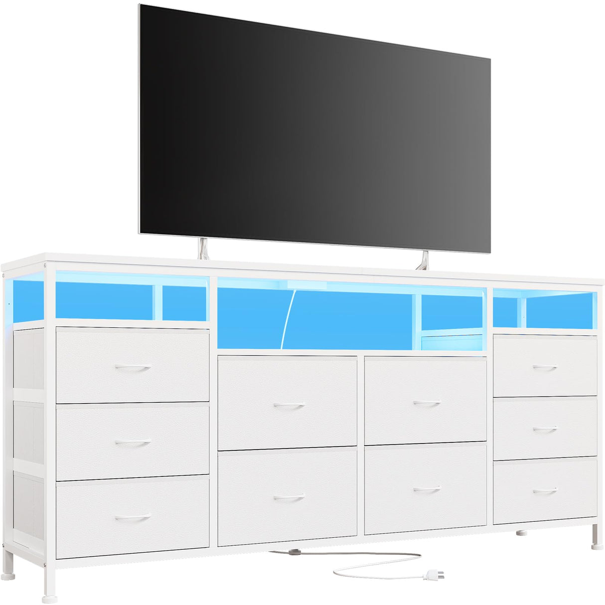 63.3 Inch Dresser for Bedroom, 10 Drawer Dresser Tv Stand for 65 70 75 Inch Tv, Fabric Chest of Drawers with Led Lights & Power Outlets, Long Entertainment Center for Closet, Living Room (White PU) GarveeHome