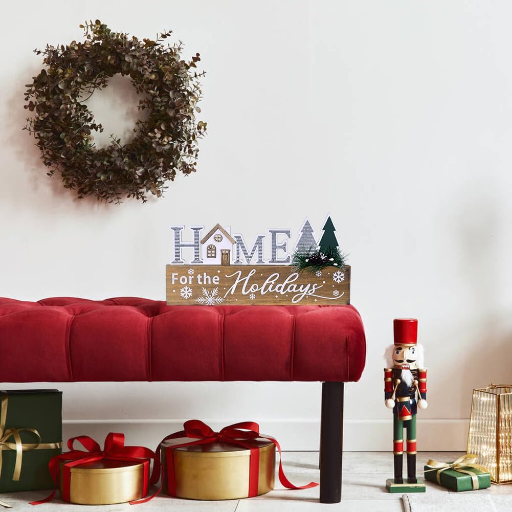 Wooden Christmas Sign Blocks, HOME for the Holiday Quote Christmas Table Decor, Xmas Centerpiece Block Sign with Snowflake & Pine Tree, Christmas Decoration for Office Desk Mantle (BROWN) Ovootok