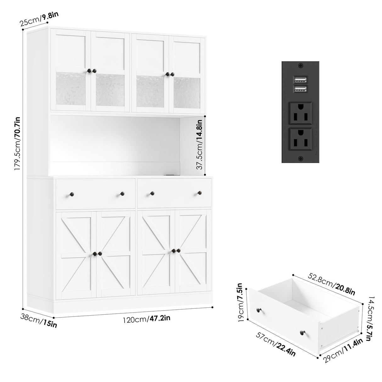 FINETONES 71" Pantry Cabinet with LED Light and Charging Station, Farmhouse Kitchen Pantry Cabinet with Microwave Stand, 47.2" Wide Kitchen Hutch Food Pantry with Open Countertop, White FINETONES