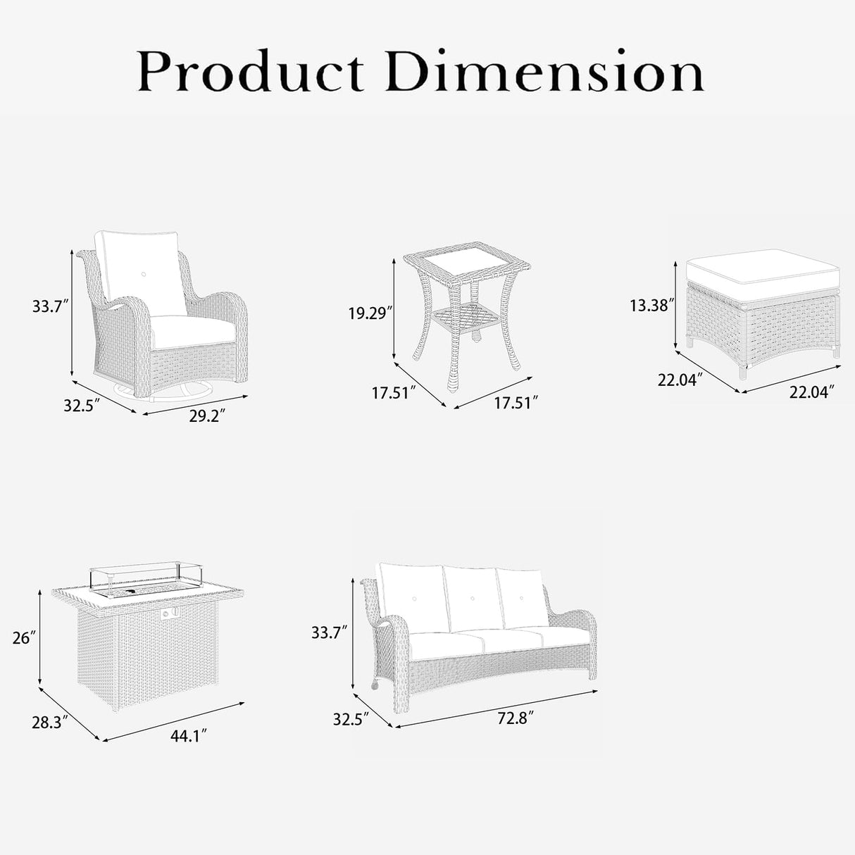 LayinSun 8 Pieces Outdoor Patio Furniture Set with Fire Pit Table, Rattan Wicker Sectional Swivel Rocker Chairs Sets with Ottomans, Swivel Glider Chair and Coffee Table LayinSun