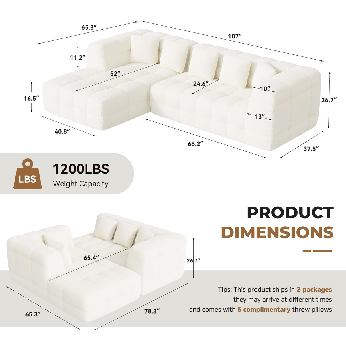 Daluvenix 107" Modern Boneless Couch with L - Shaped Chaise, Comfy Chenille Modular Sectional Sofa with Tufted Design, Deep Seat Upholstered Sofa Bed, No - Assembly Sectional Couch, White Daluvenix
