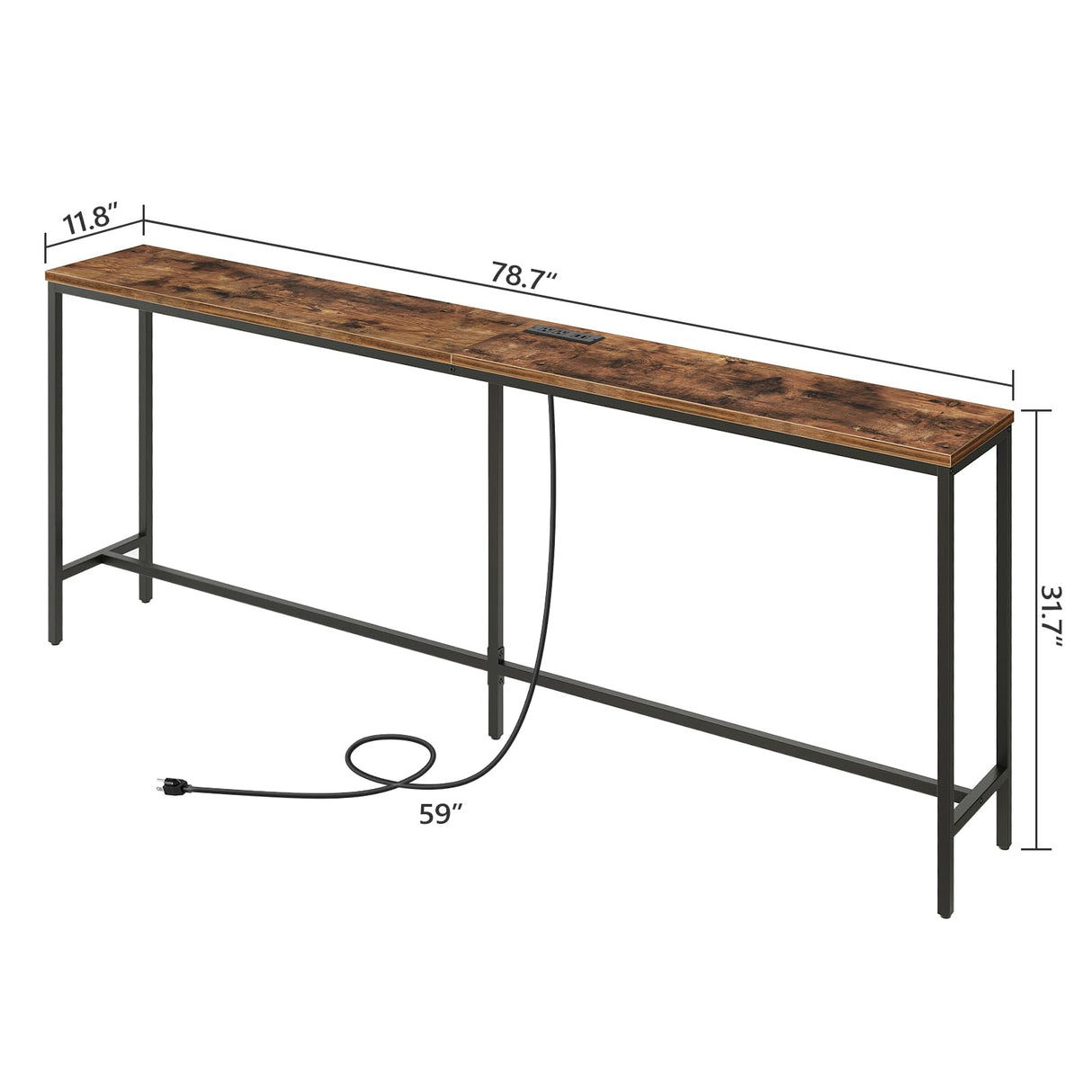 MAHANCRIS 78.7" Console Table with USB Ports, Sofa Table, Narrow Entryway Table with Outlets, 11.8" Wide Couch Table, Industrial Entry Table for Hallway, Living Room, Bedroom, Rustic Brown CTHR320E01 MAHANCRIS