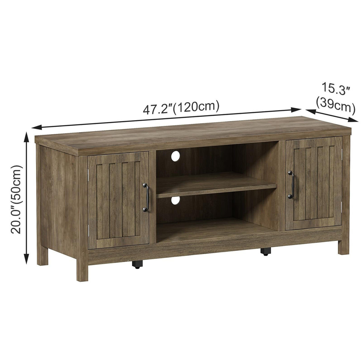 ChooChoo Farmhouse TV Stand, Wood Fluted Door Entertainment Center with Storage Cabinets and Open Shelves, Rustic Media Console up to 55 inches for Living Room, Bedroom, Grey Wash ChooChoo