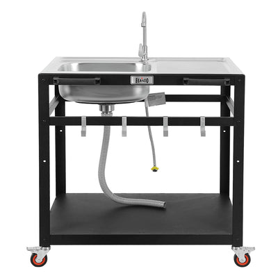 Feasto 35” Outdoor Grill Cart with Sink, Outdoor Kitchen Sink Station with Hose Hook Up, Free Standing Sink with Wheels, 304 Stainless Steel Sink with Single Bowl, Outdoor Utility Sink with Faucet