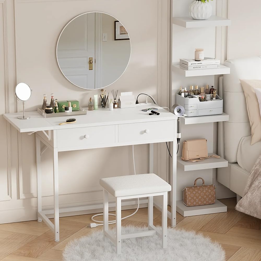 KAI-ROAD Small Makeup Vanity Desk No Mirror White Vanitys Table Set with Wood Drawers and Chair Stool, Outlets & Foldable Countertop for Bedroom Schminktisch Modern KAI-ROAD