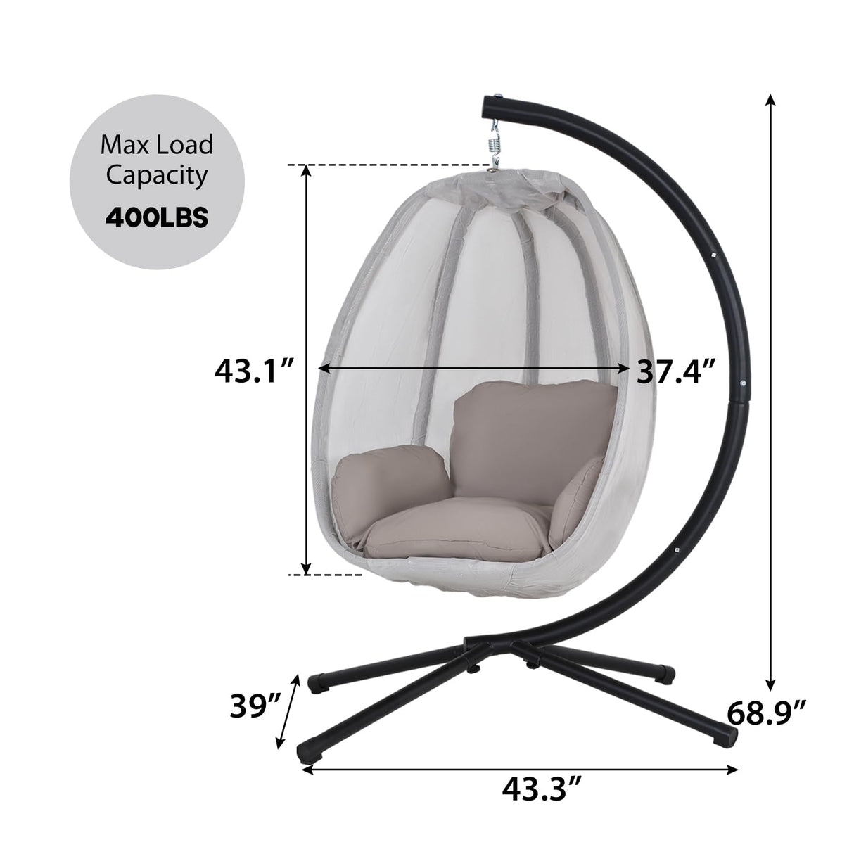 PayLessHere Egg Chair with Comfy Cushions Indoor Outdoor Hanging Chair Sturdy Heavy Duty Hammock Chair with Stand Cushions Breathable Fabric Cover for Patio Bedroom Garden Poolside, Grey PayLessHere