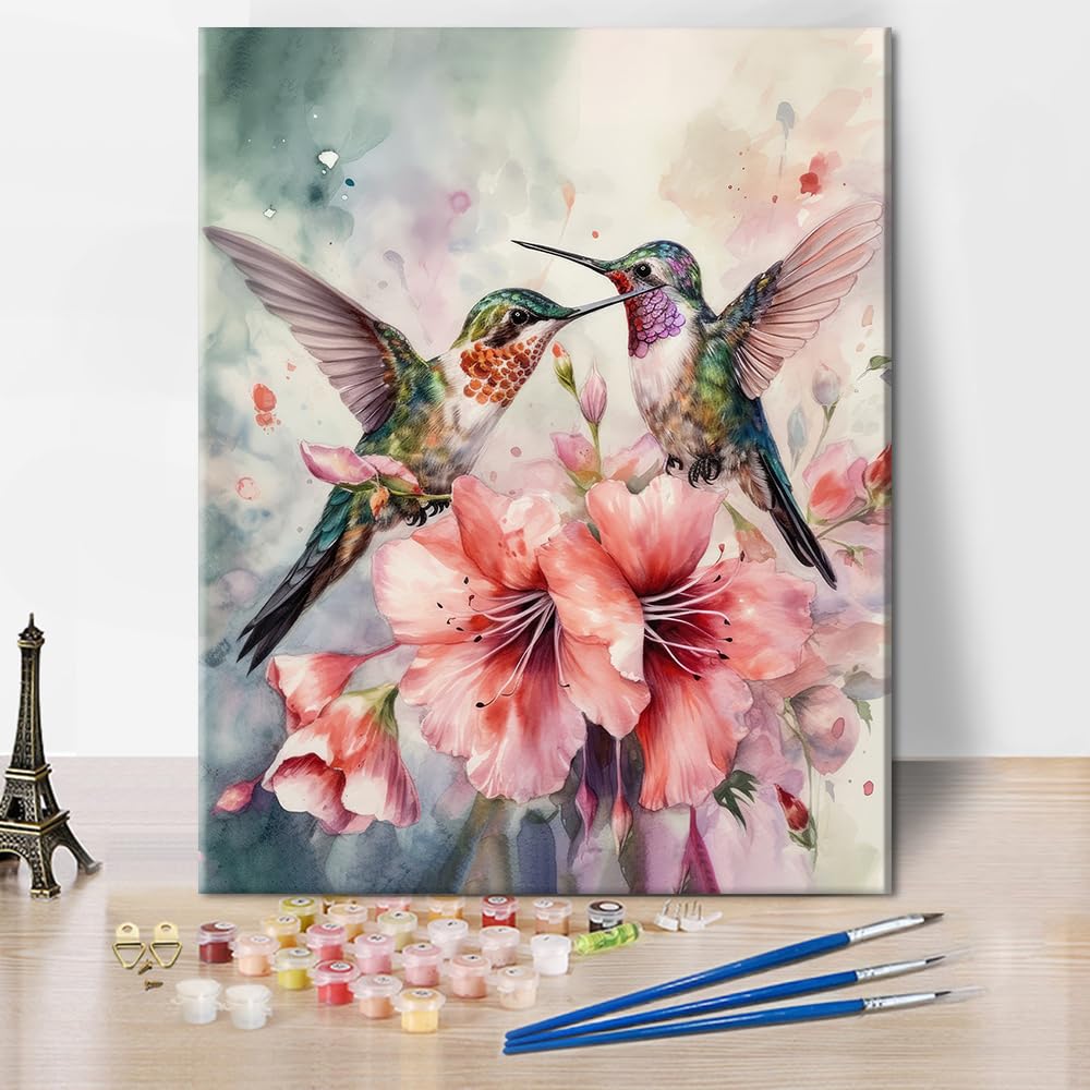 Paint by Numbers for Adults Hummingbirds and Flowers DIY Painting Kit with Acrylic Paints Brushes and Pre Printed Canvas Great for Stress Relief Home Decor or Creative Gift 16x20 Inch TUMOVO