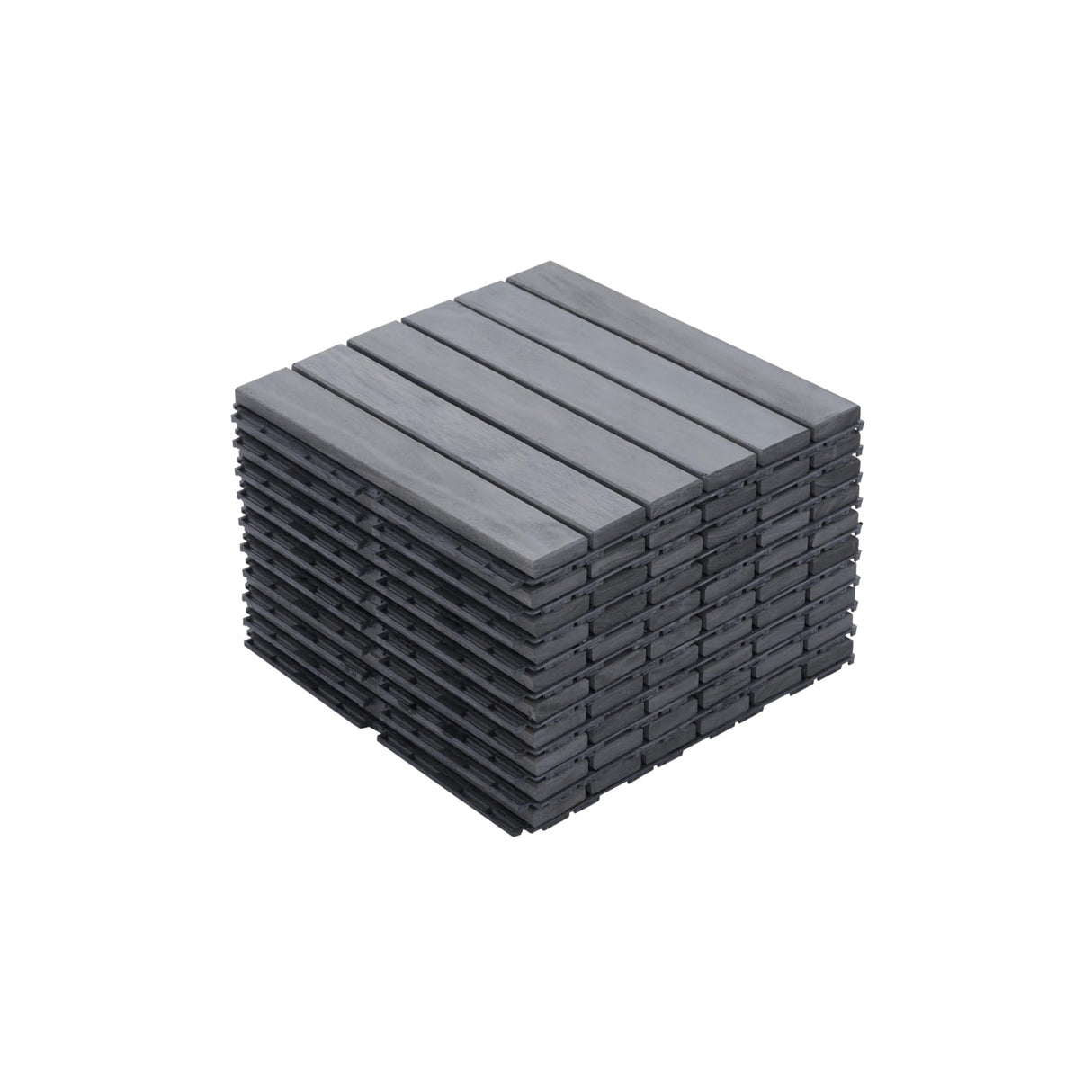10 PCS Light Gray Acacia Wood Interlocking Deck Tiles, 12" x 12" Outdoor Striped Pattern Flooring for Patio, Balcony, Porch, Garden, Poolside Sailret