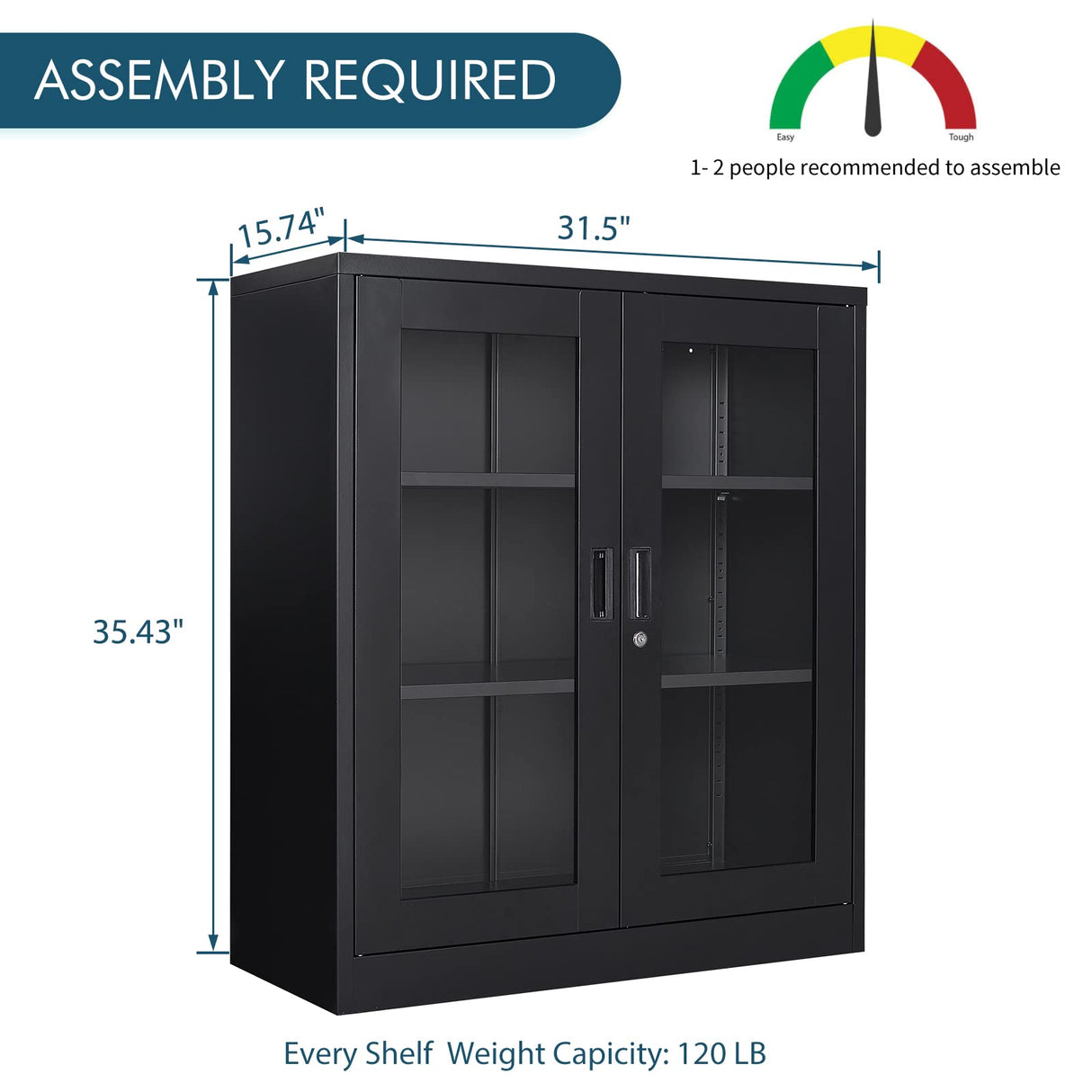 MIIIKO Metal Storage Cabinet with Glass Doors, Counter High Display Cabinet with 2 Adjustable Shelves and Tempered Glass Doors, Locking Small Display Cabinet… MIIIKO