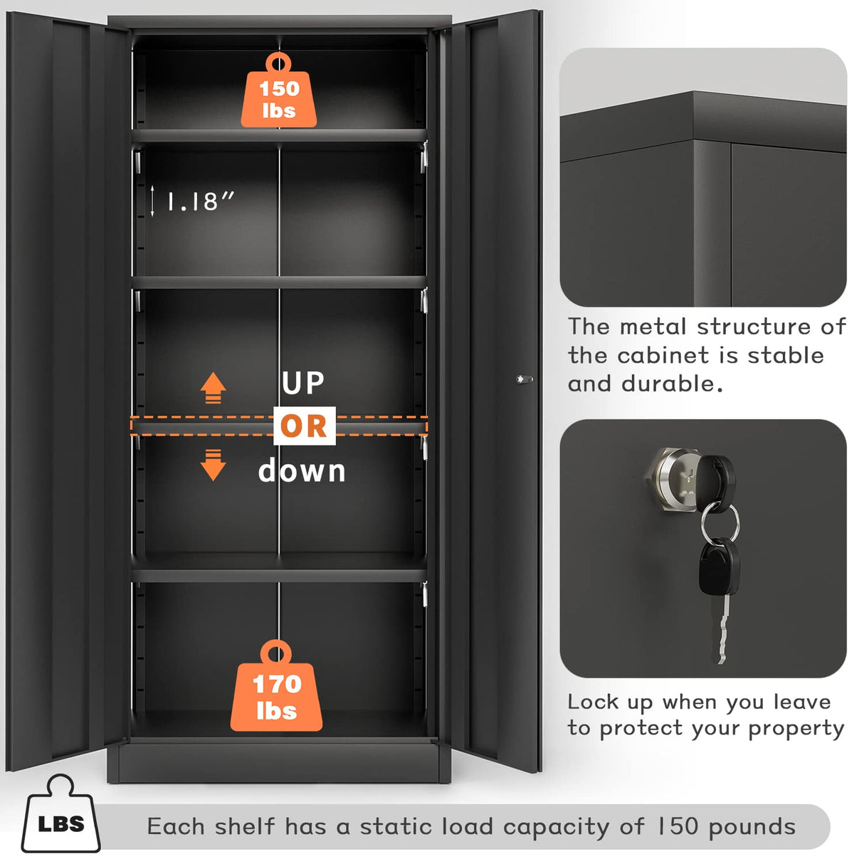 Furniwell Metal Storage Cabinet with 2 Doors & 4 Adjustable Shelves, Lockable Garage Storage Cabinet, Steel Utility File Cabinet for Home, Garage, Black, 71" H x 31.5" W x 15.7" D Furniwell