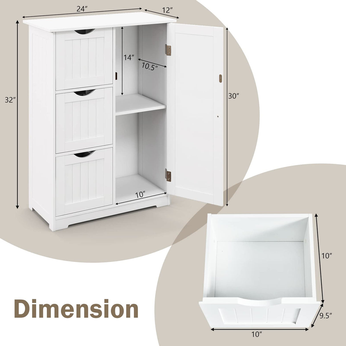 Tangkula White Freestanding Bathroom Floor Cabinet with 3 Drawers and Adjustable Shelf Tangkula