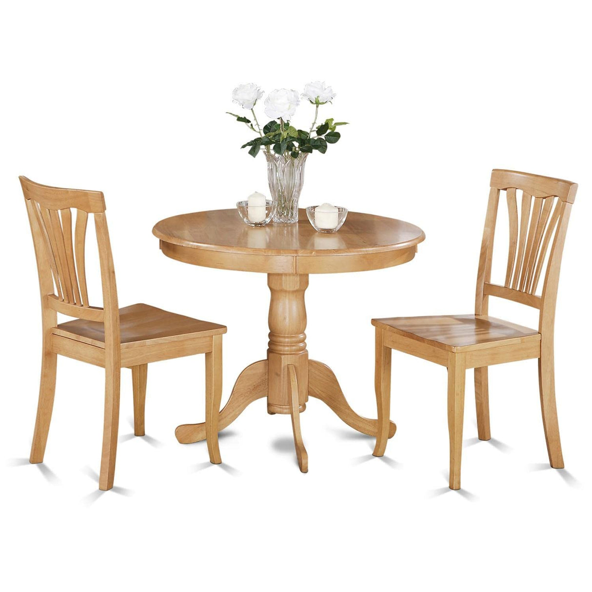 East West Furniture ANAV3-OAK-W 3 Piece Modern Dining Table Set Contains a Round Kitchen Table with Pedestal and 2 Dining Chairs, 36x36 Inch, Oak East West Furniture