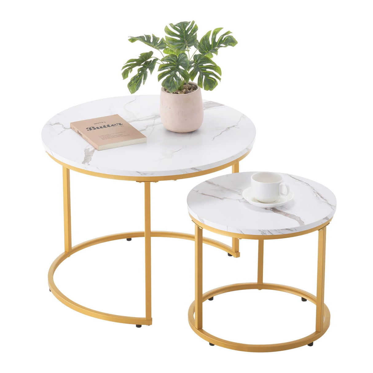 VEVOR Nesting Tables, Coffee Table Set of 2, 23.6 inch Round Coffee Table, Small Coffee Tables Night Stand with Metal Frame, for Living Room, Bedroom, Office (White & Gold) VEVOR