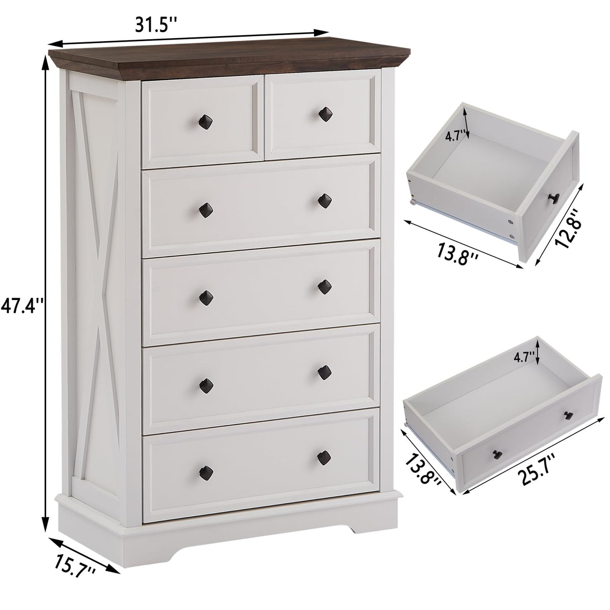FFBCFDK Farmhouse 6 Drawers Dresser Chests for Bedroom, White 6 Chest of Drawers, Wood Dressers Organizer for Closet, Modern Storage Organizer Cabinet for Bedroom,Living Room,Hallway & Entryway FFBCFDK