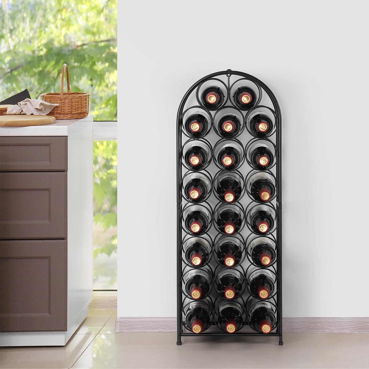 HEOMU 23 Bottles Wine Rack Freestanding Floor, 8 Tier Wine Bottle Holder Metal Floor Wine Rack, Wine Storage Organizer Display Rack for Kitchen Pantry Dining Room Living Room Bar, Black HEOMU
