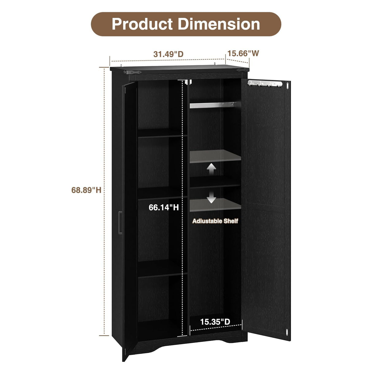 Befrases 72" H Black Farmhouse Storage Cabinet with Adjustable Shelves, Large Pantry Organize with 2 Barn Doors, Tall Freestanding Cabinet for Kitchen, Bathroom, Garage, Basement, Living, Utility Room Befrases