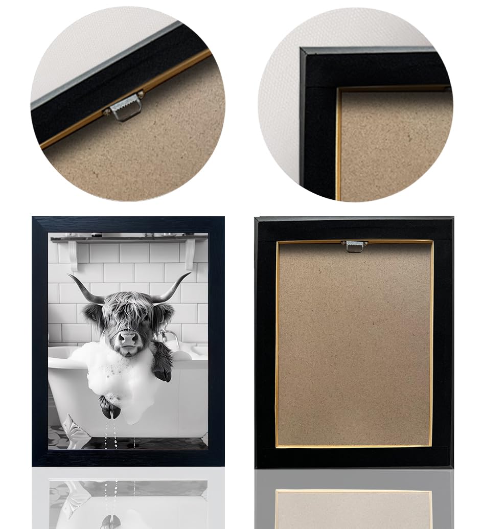 Highland Cow Bathroom Decor, Funny Bathroom Wall Art, Highland Cow in Bathtub Farmhouse Canvas Print, Black and White Cow Pictures Wall Decor, Framed Animal Pint Artworks for Wall Senlifa Art