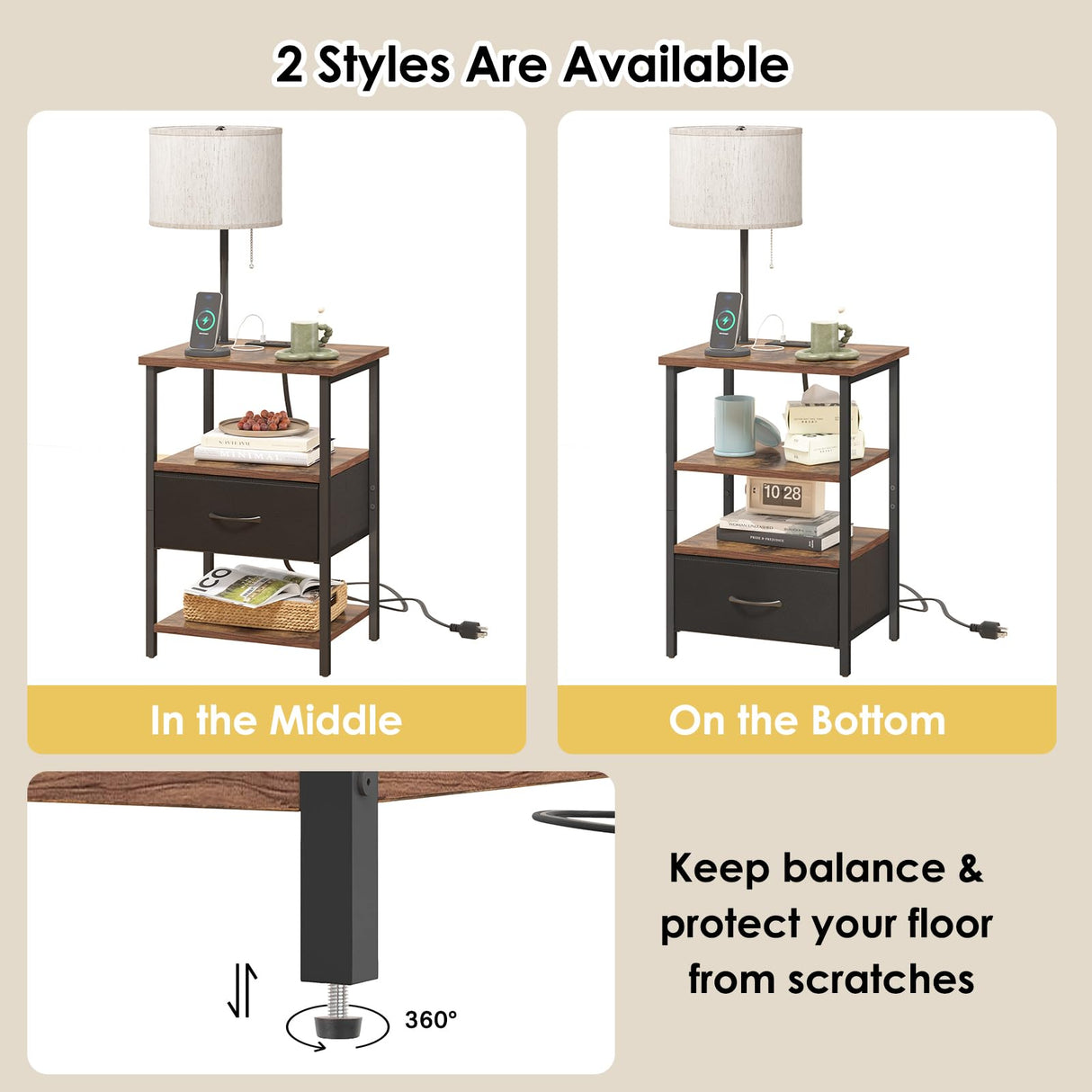 Fixwal Nightstand with LED Lights Bedside Table with 3 Color Temperatures Bulb, Tall NightStand with Charging Station End Table with Adjustable Fabric Drawer for Bedroom Dorm Fixwal