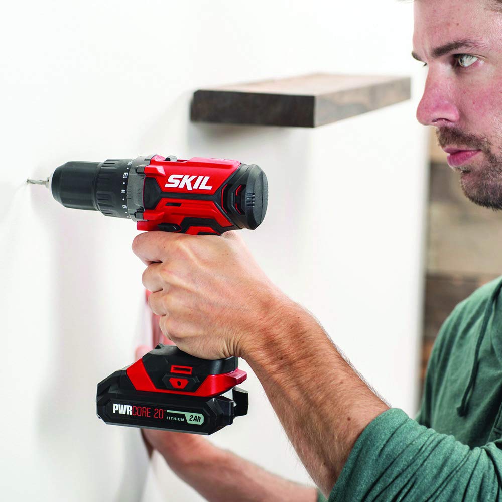 SKIL 4-Tool Kit: 20V Cordless Drill Driver, Impact Driver, Reciprocating Saw and LED Spotlight, Includes Two 2.0Ah Lithium Batteries and One Charger - CB739601, White Skil