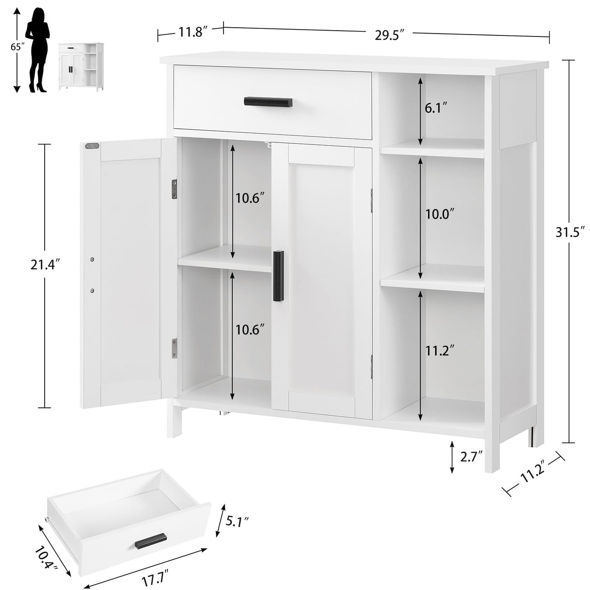 FIONESO Bathroom Cabinet, Storage Cabinet with 2 Doors and 3 Shelves, Coffee Bar Cabinet, Floor Cabinet, for Bathroom/Entryway/Living Room, White FIONESO