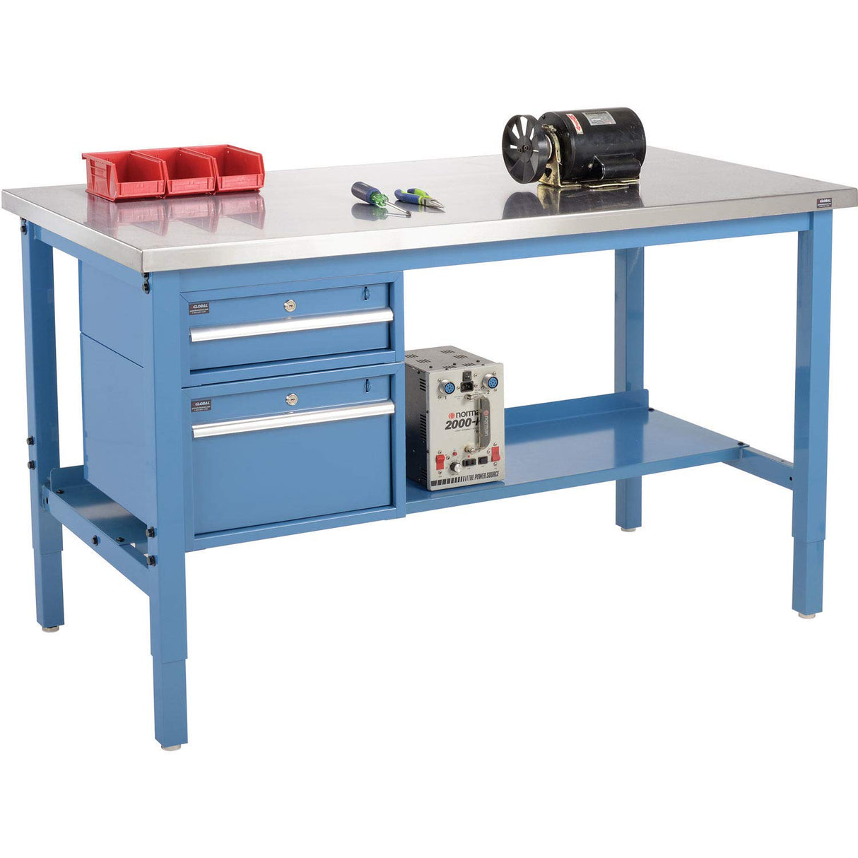 Global Industrial 72" W x 30" D Workbench, 1-1/2" Thick Stainless Steel Square Edge with Drawers & Shelf, Blue Global Industrial