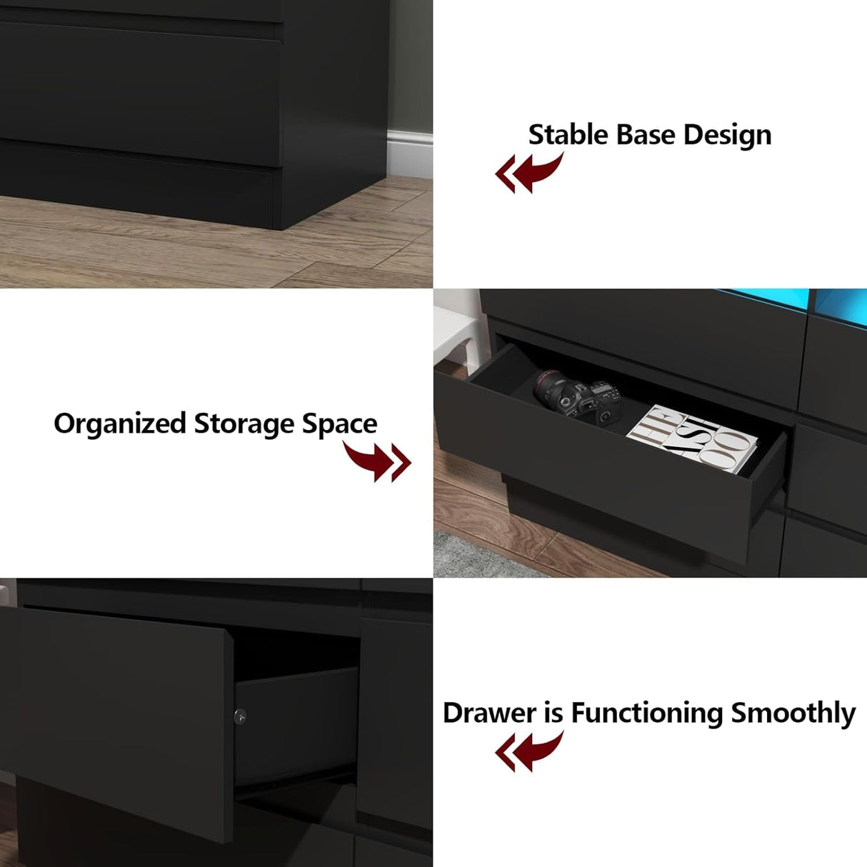 Loomie 9 Drawer Dresser for Bedroom with LED Lights & Power Outlet, Large 63" Black Dressers & Chest w/Deep Drawers, Triple Wide Dresser TV Stand for TVs up to 75",Dressers Organizer w/3 Open Cubbies Loomie