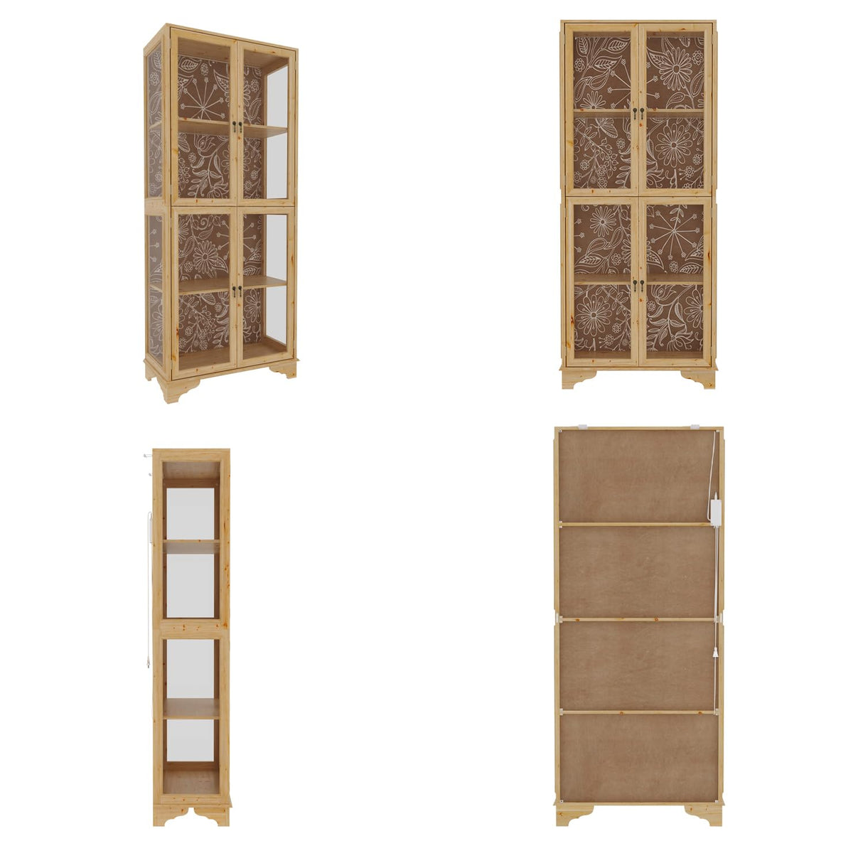 Hitow Glass Curio Cabinet Display Case with LED Light & 4 Doors, 4-Tier Flower-Patterned Glass Showcase Display Cabinet, 74.2" H Bookshelves and Bookcases for Living Room, Wood Grain Hitow