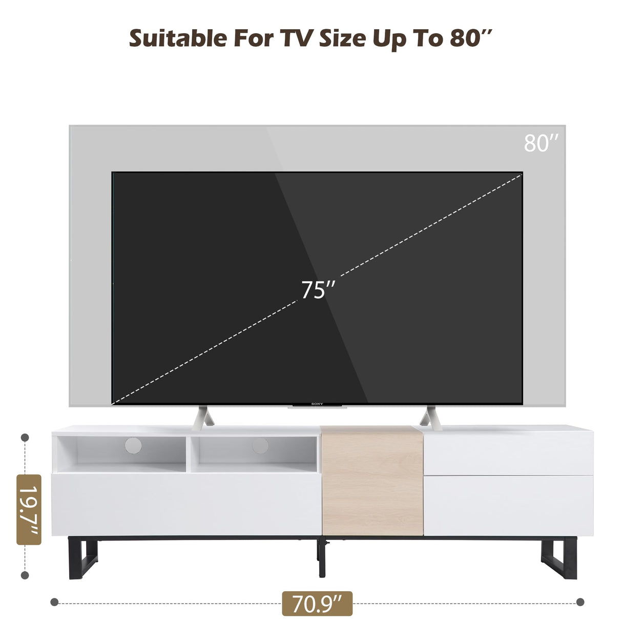 Virubi Modern TV Stand with 3 Cabinets & Open Shelves, Minimalist Wooden Entertainment Center for TVs Up to 80”, Sturdy TV Console for Living Room Bedroom Decor (White) Virubi