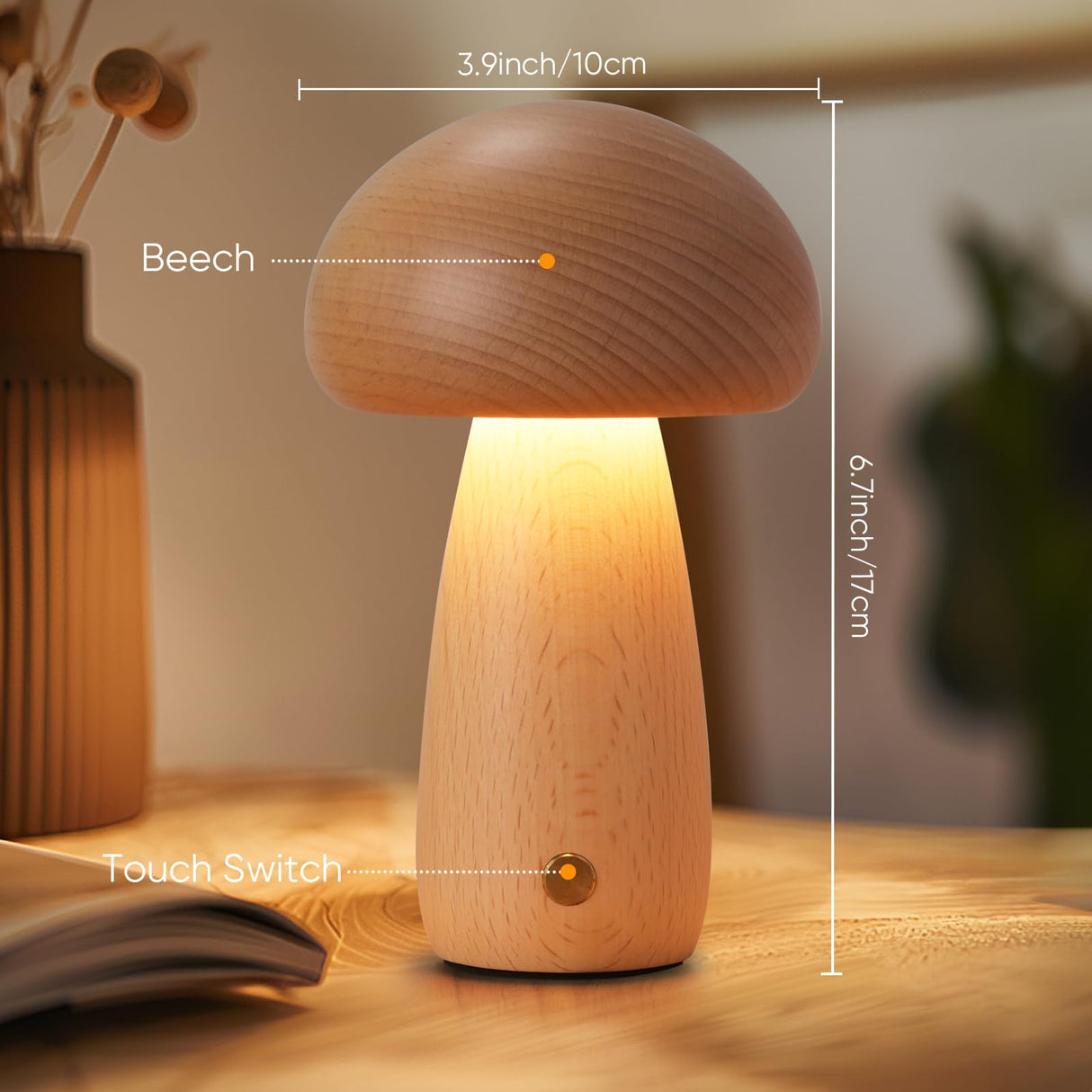 LONRISWAY Wooden Mushroom Lamp for Bedroom, Portable Cordless Small Rechargeable Battery Operated Lamp,Stepless Dimming, Night Light for Birthday Gifts LONRISWAY