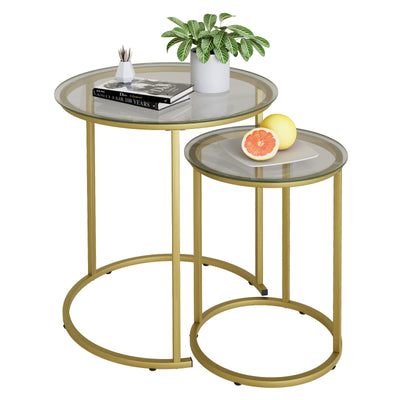 Azheruol Nesting Coffee Table Set of 2,Modern Gold Tempered Glass Side Table, Metal Frame Round End Table.Small Glass Tea Table for Living Room,Bedroom Studio Apartment Essentials,23.2in