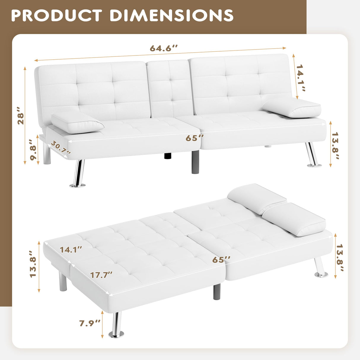Homall Futon Sofa Bed, Leather Futon Couch with Removable Armrests, Adjustable Recliner Sleeper Sofa Bed with Dual Cup Holders for Living Room, Apartment, Office (White) Homall