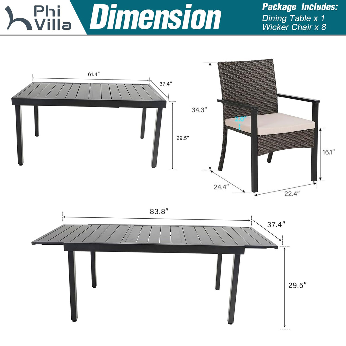 PHI VILLA 9 Piece Outdoor Dining Set for 8, Expandable Metal Dining Table & Cushioned Rattan Chairs for Patio, Deck, Yard PHI VILLA