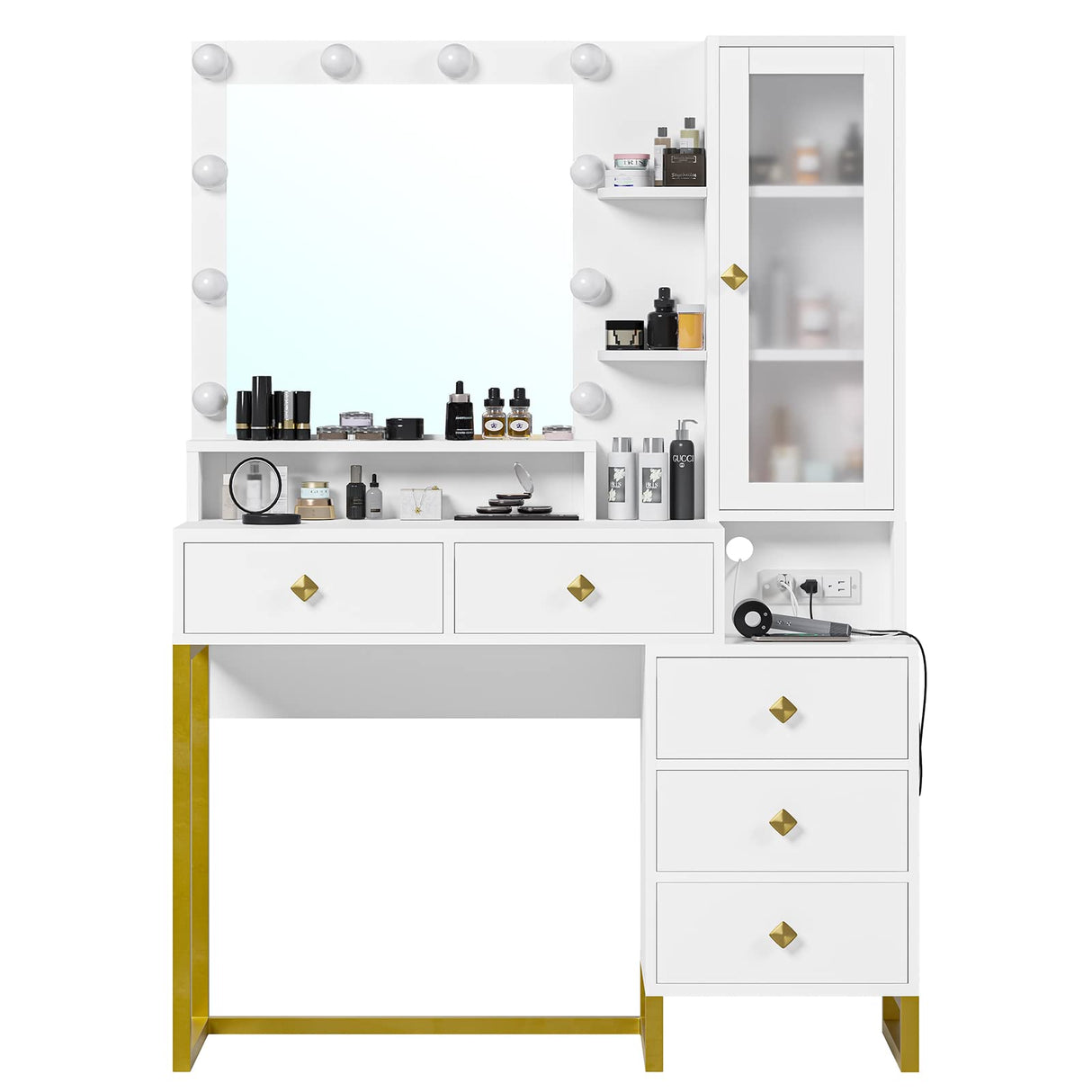 Tiptiper Makeup Vanity with Lights & Charging Station, Large Vanity Desk with Mirror and Lights, Makeup Table with 5 Drawers & Shelves, White and Gold Tiptiper
