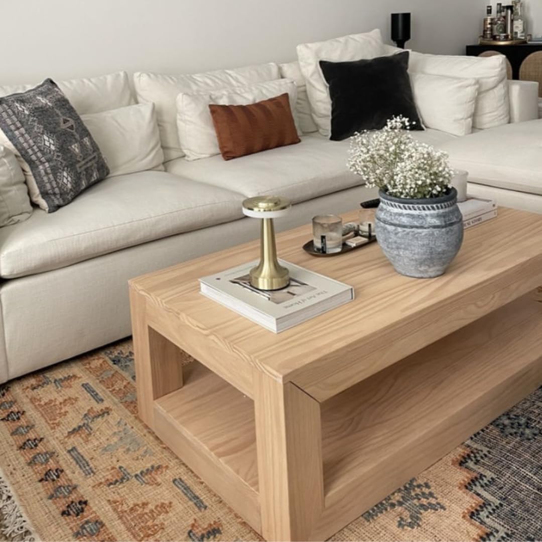 Plank+Beam Modern Rectangular Coffee Table with Shelf, Solid Wood, 48 Inch, Center Table with Storage, 2 Tier Tea Table for Living Room, Blonde Wirebrush Plank+Beam